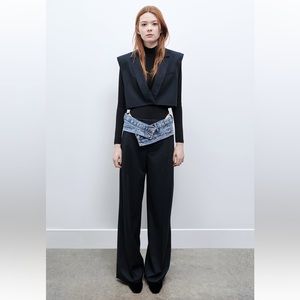 Zara Navy Perfect FULL LENGTH PINSTRIPE PANTS. Blue. Size L